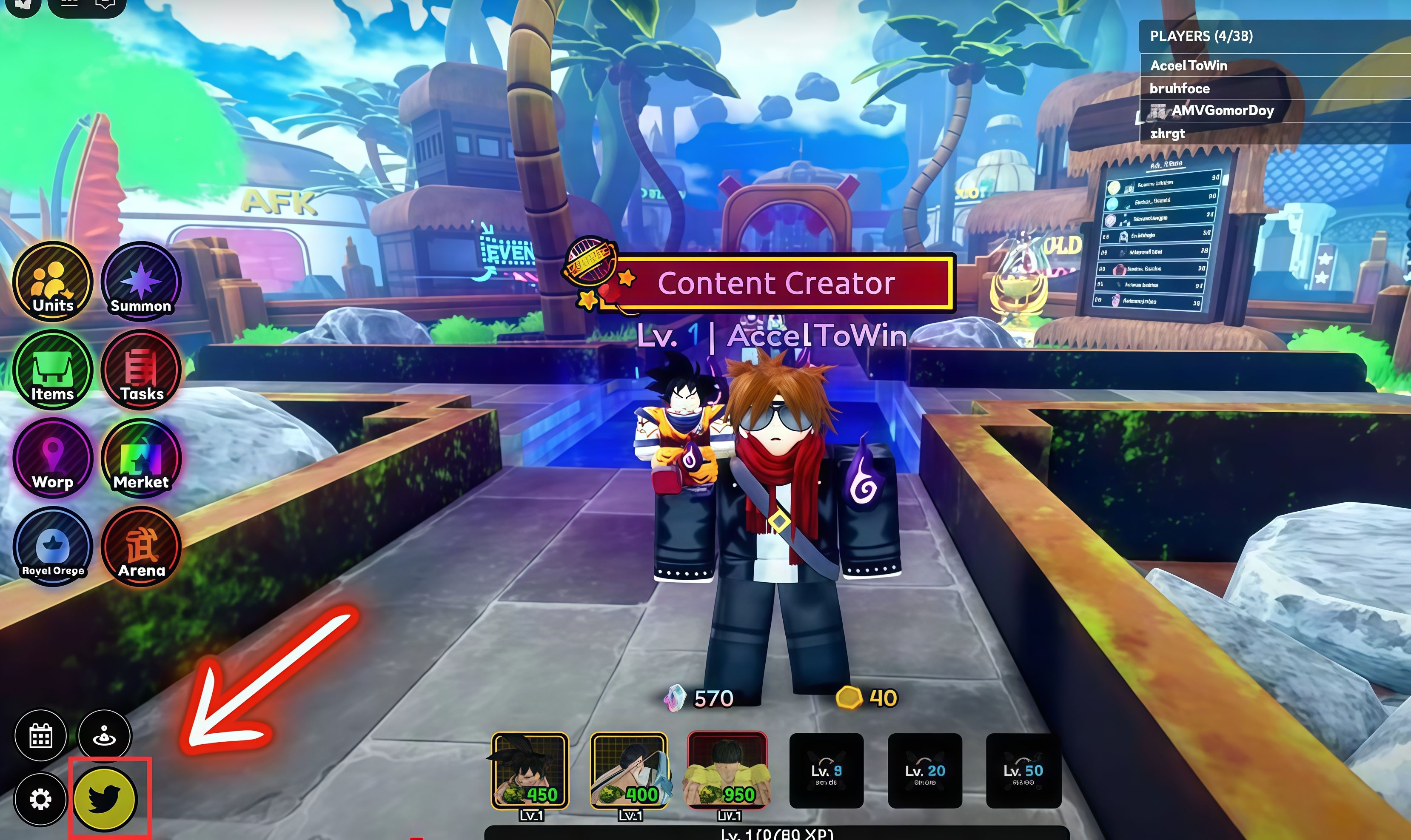 Paso 2: Lobby > ícono del pajarito de Twitter esquina inferior izquierda.