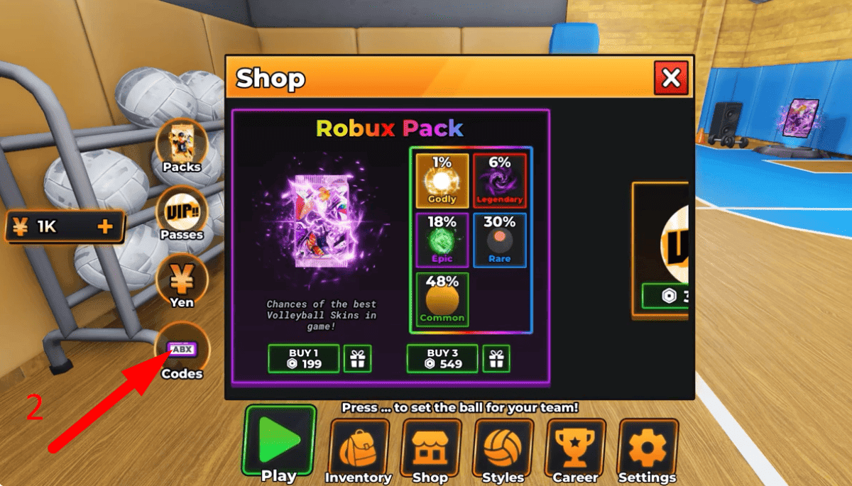 Step 2: Select Codes to display input box > Copy and enter the latest Volleyball Legends code into 'Type code Here'