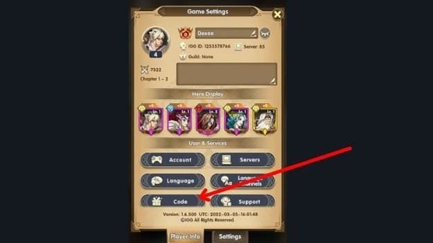 Step 4: Find Code or Redeem Code, paste code from table.