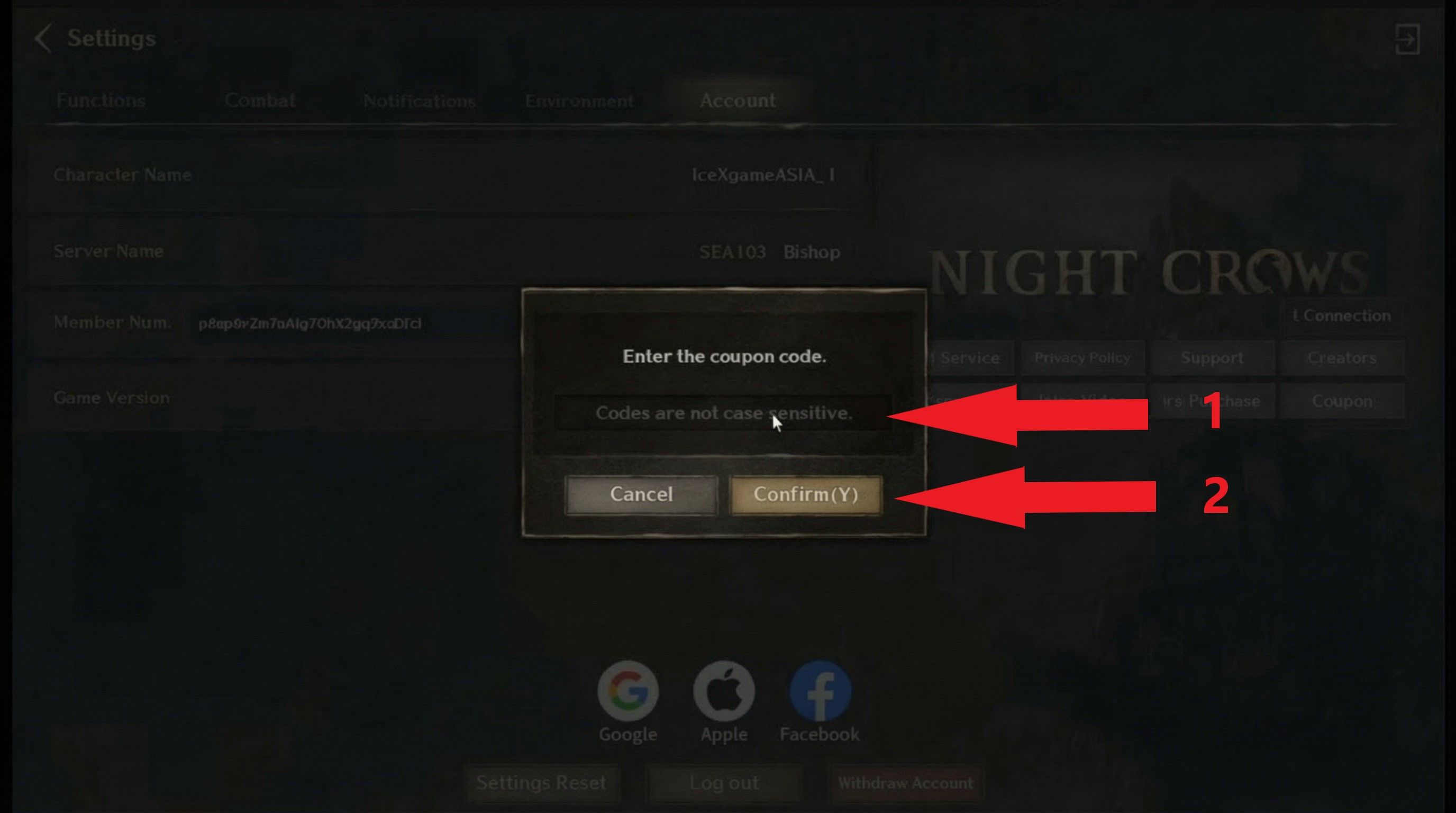 Step 4: Paste code (case-sensitive), press Confirm – rewards sent to Inbox/Mail immediately!
