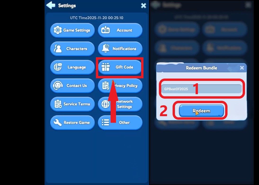 Step 3: Select Gift Code, paste code (copy to avoid errors) > Redeem.