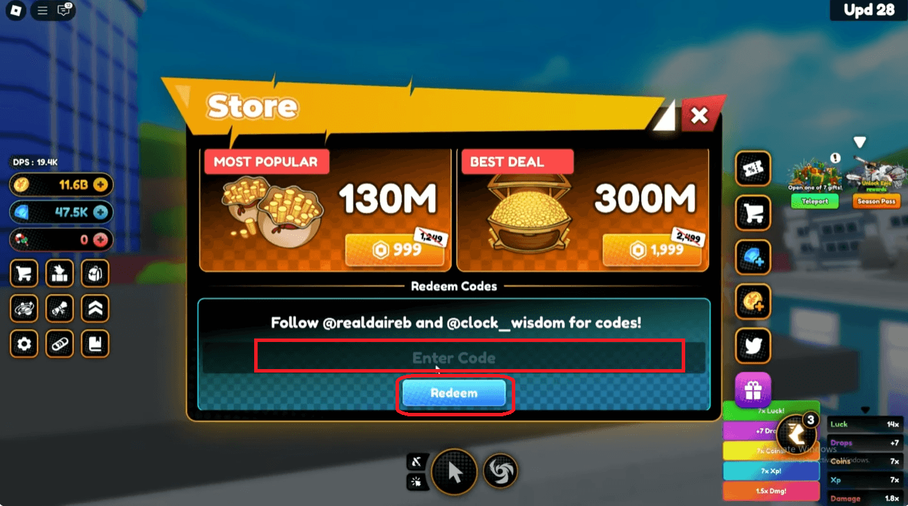 Paste code from table, then tap Redeem.