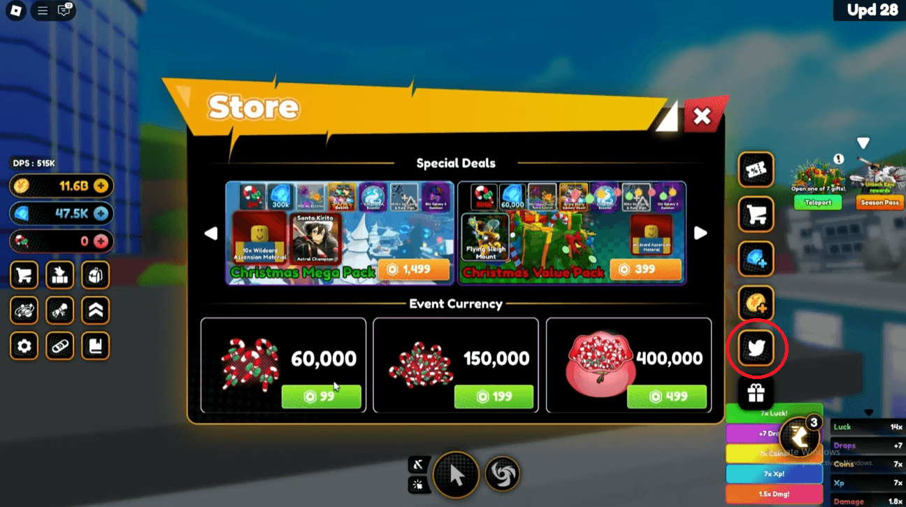 Select Twitter Bird/X icon in shop.