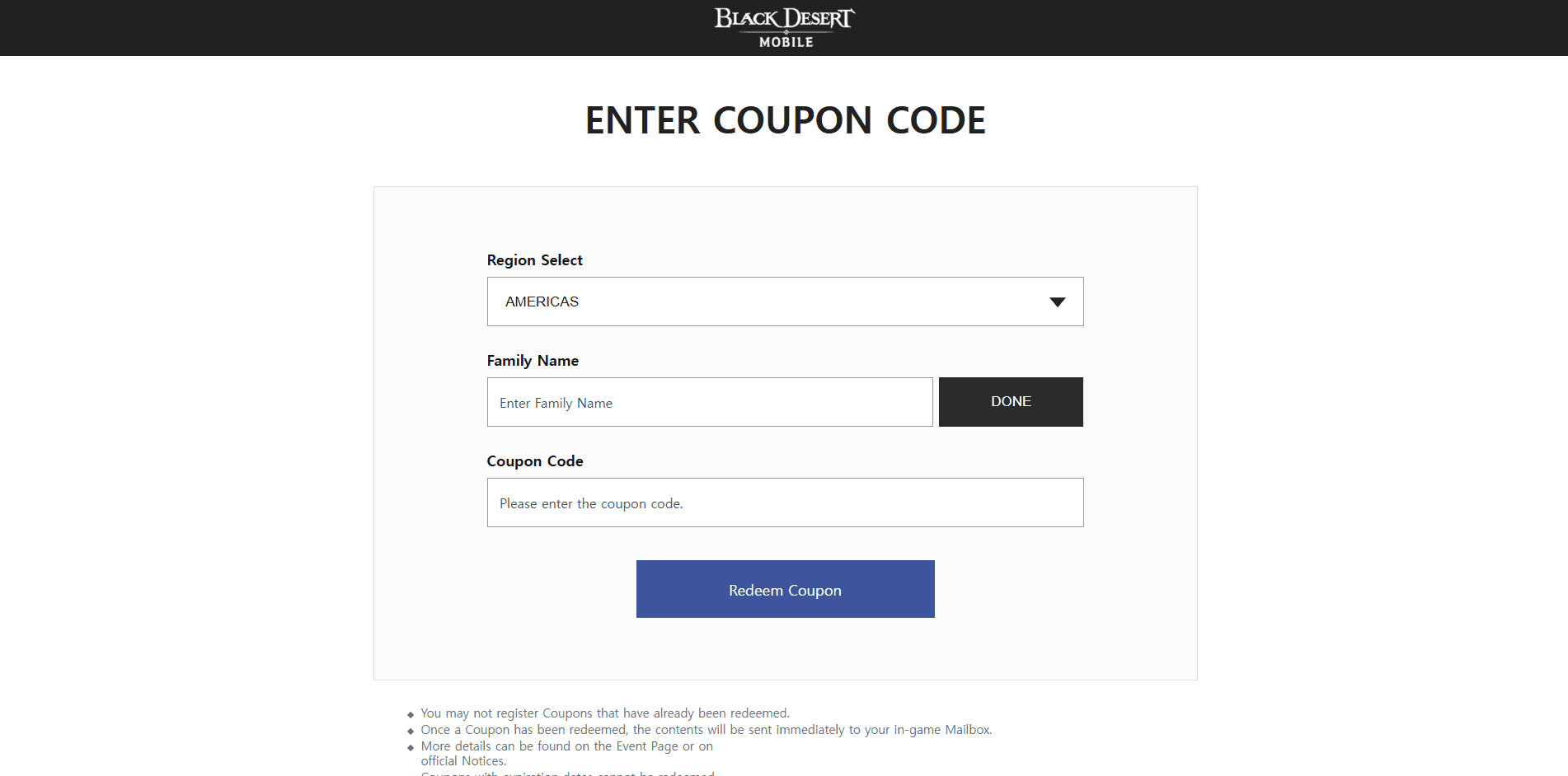 Or official website: https://game.world.blackdesertm.com/Coupon.