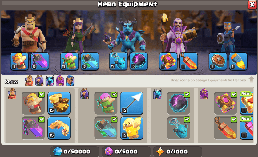 Hero Equipment upgrade menu at Clash of Clans Blacksmith.