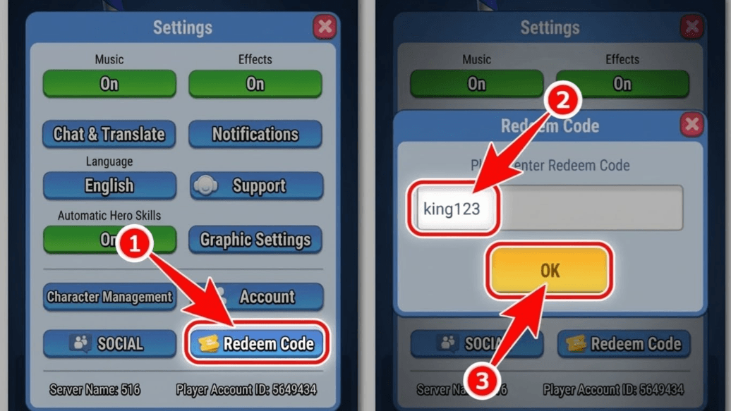 Bước 2: Tiếp theo bạn chọn Redeem Code, nhập Code Kingdom Guard => nhấn OK.