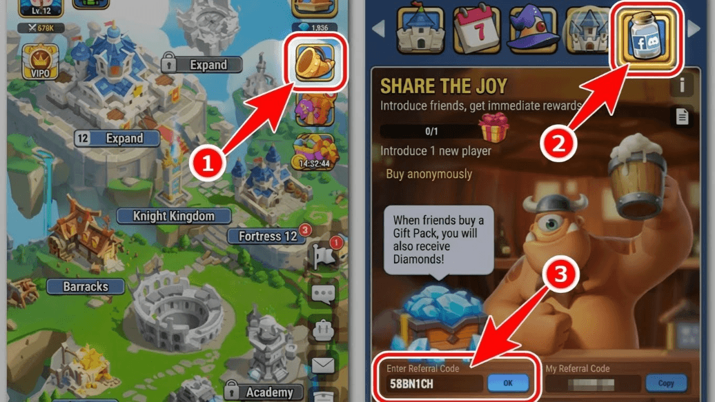 Bước 3: Sau đó bạn quay trở lại màn hình chính, click biểu tượng Lịch sự kiện, di chuyển sang bên phải chọn Hộp Quà Chia Sẻ Niềm Vui => nhập mã 58BN1CH => nhấn OK nhận quà. 