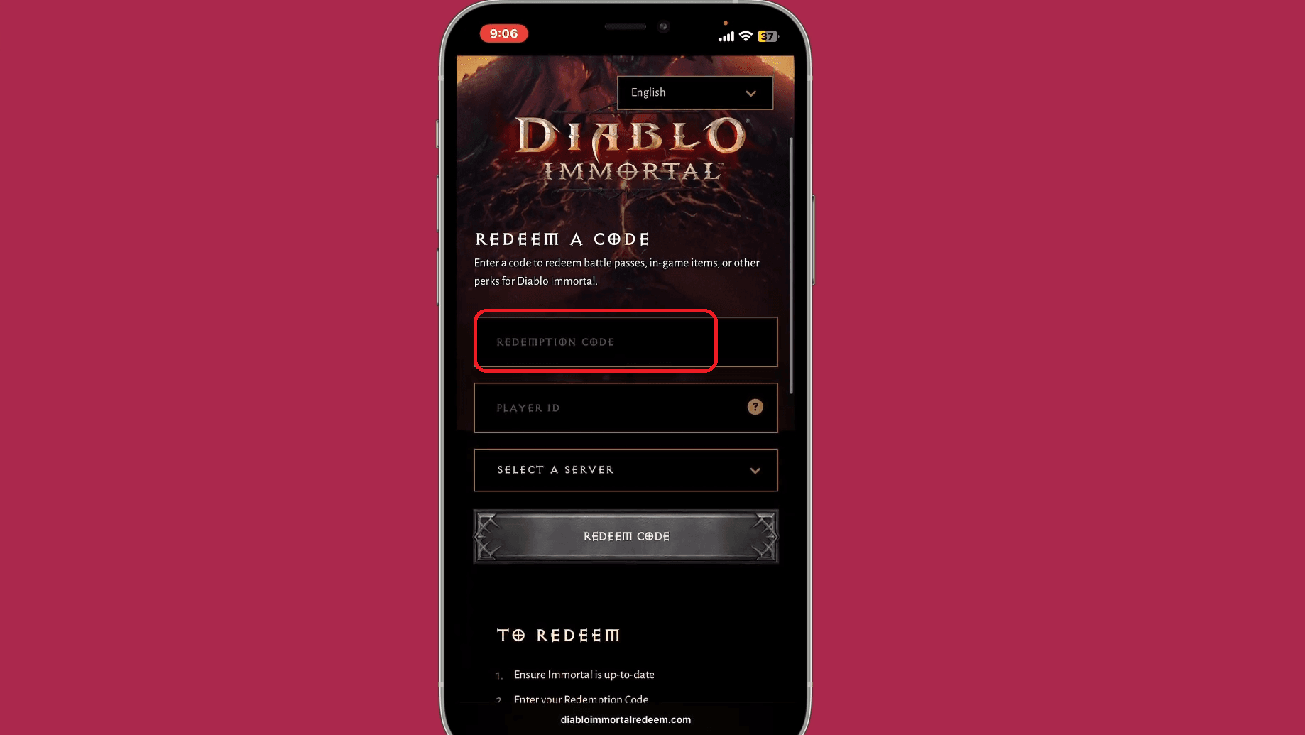 Paste code from table into Redemption Code, enter ID, select Server/Region.