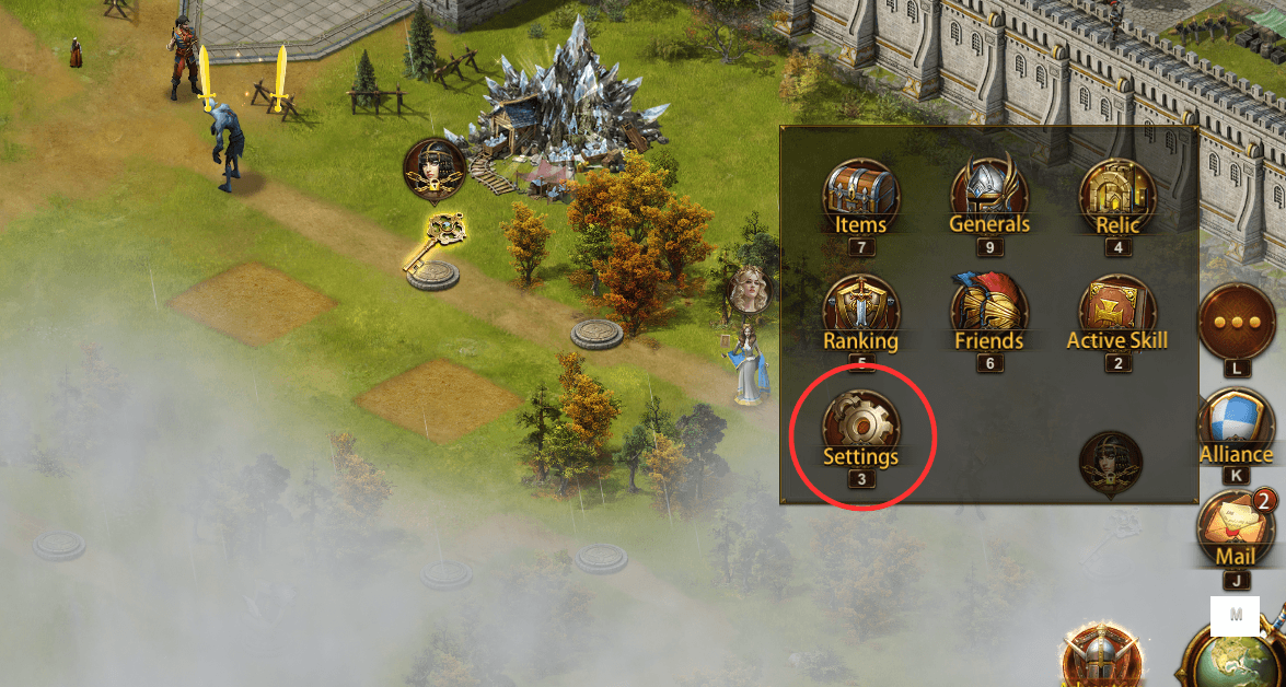 Open Evony: The King's Return, go to Settings (gear icon top right).