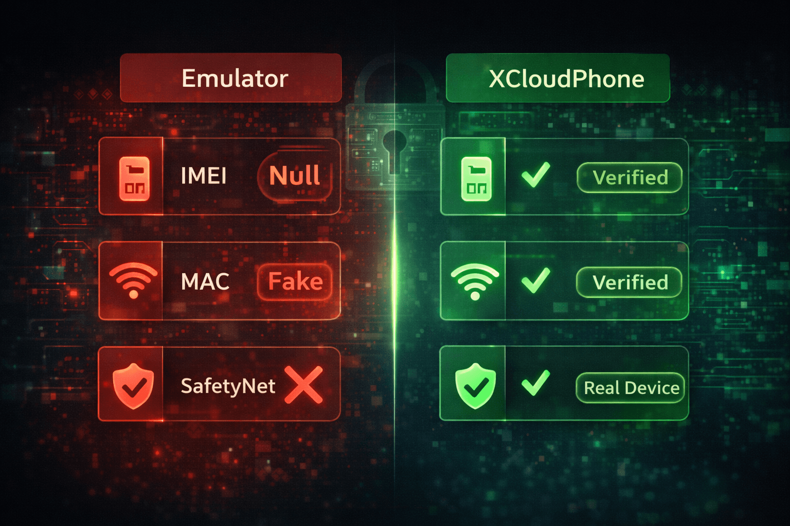 Comparison of Device Fingerprint Checks passing on XCloudPhone vs Failing on Emulator
