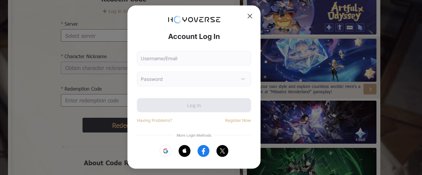HoYoverse account login (email/Google/Apple/FB/Twitter).
