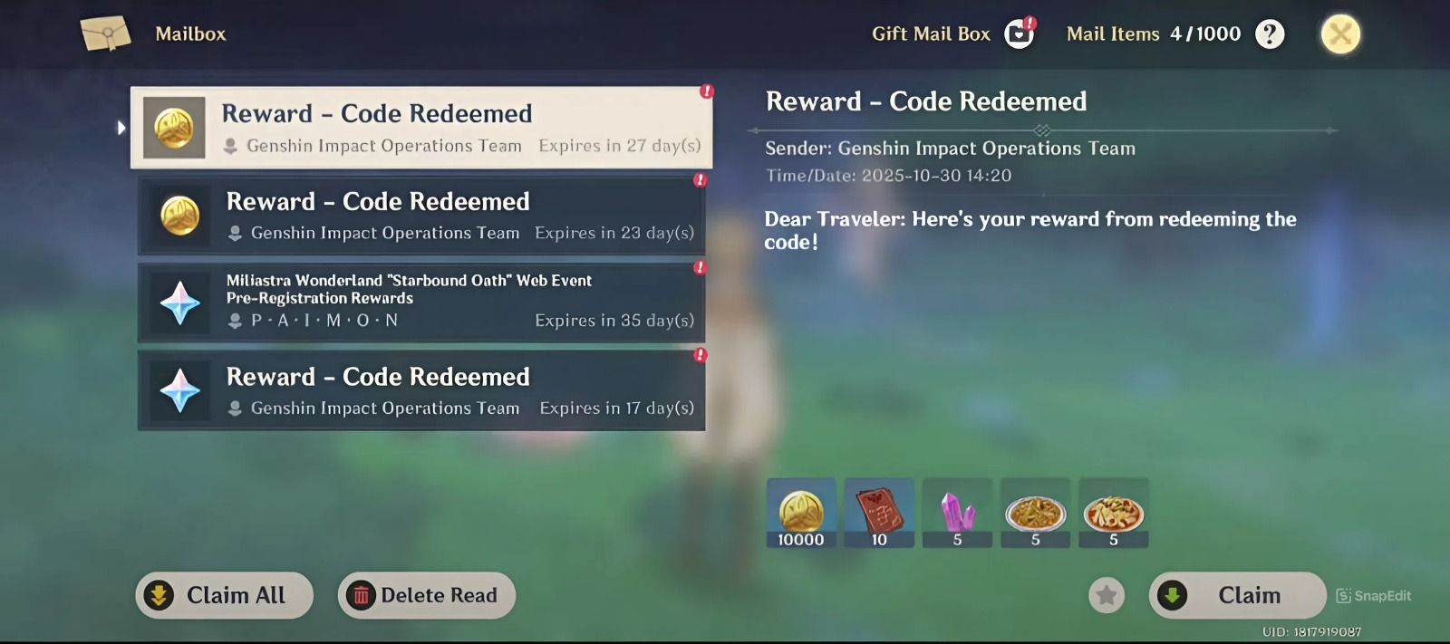 Log into game → Mail to receive rewards