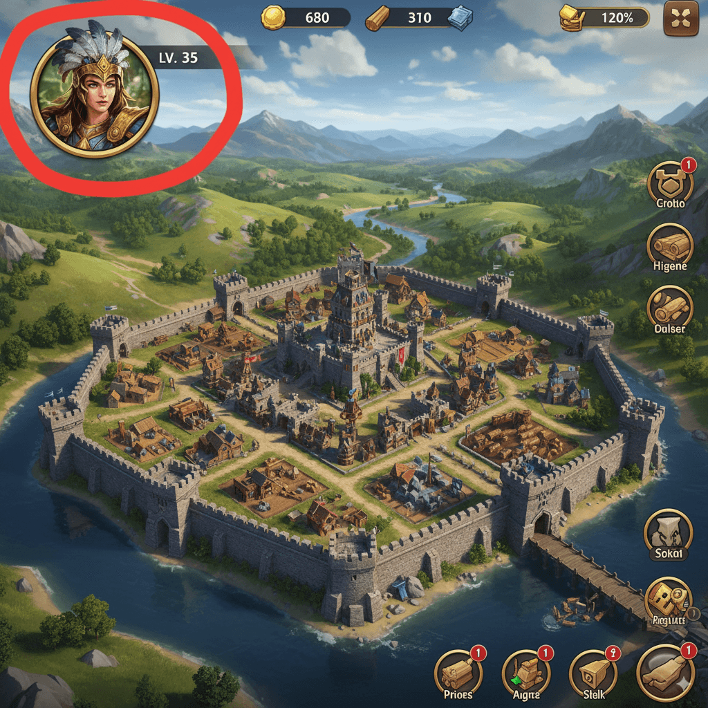 Full screen of the game with a large red circle pointing to avatar at top left