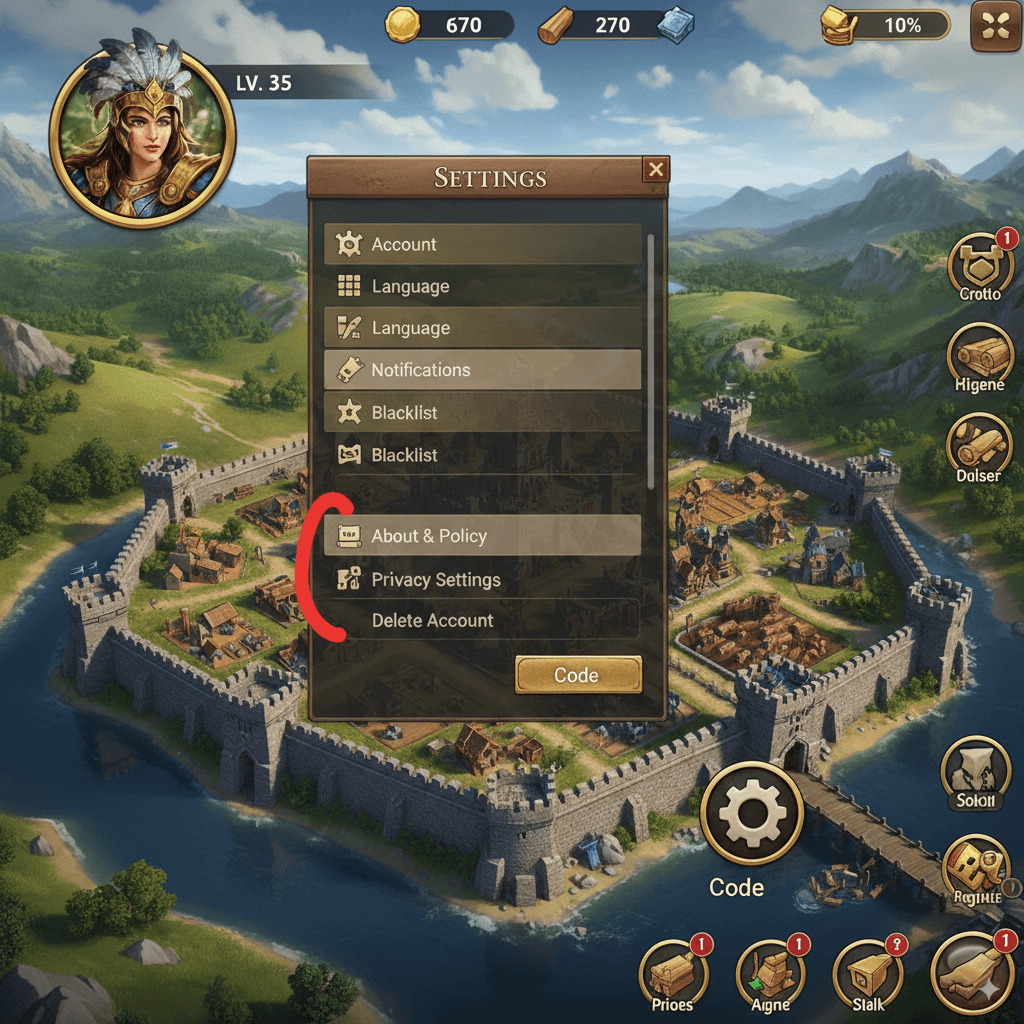 Settings menu, 'Code' section highlighted