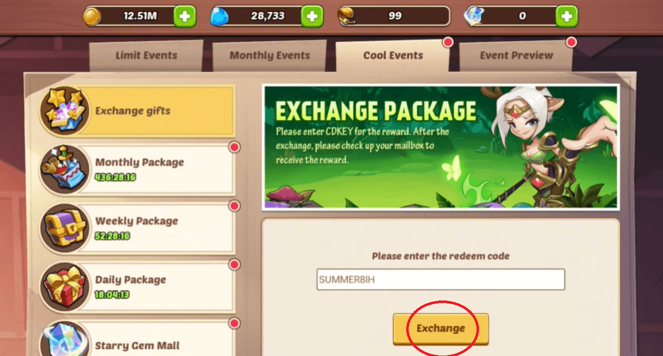 Copy code from table, paste into input box > Exchange/Confirm.