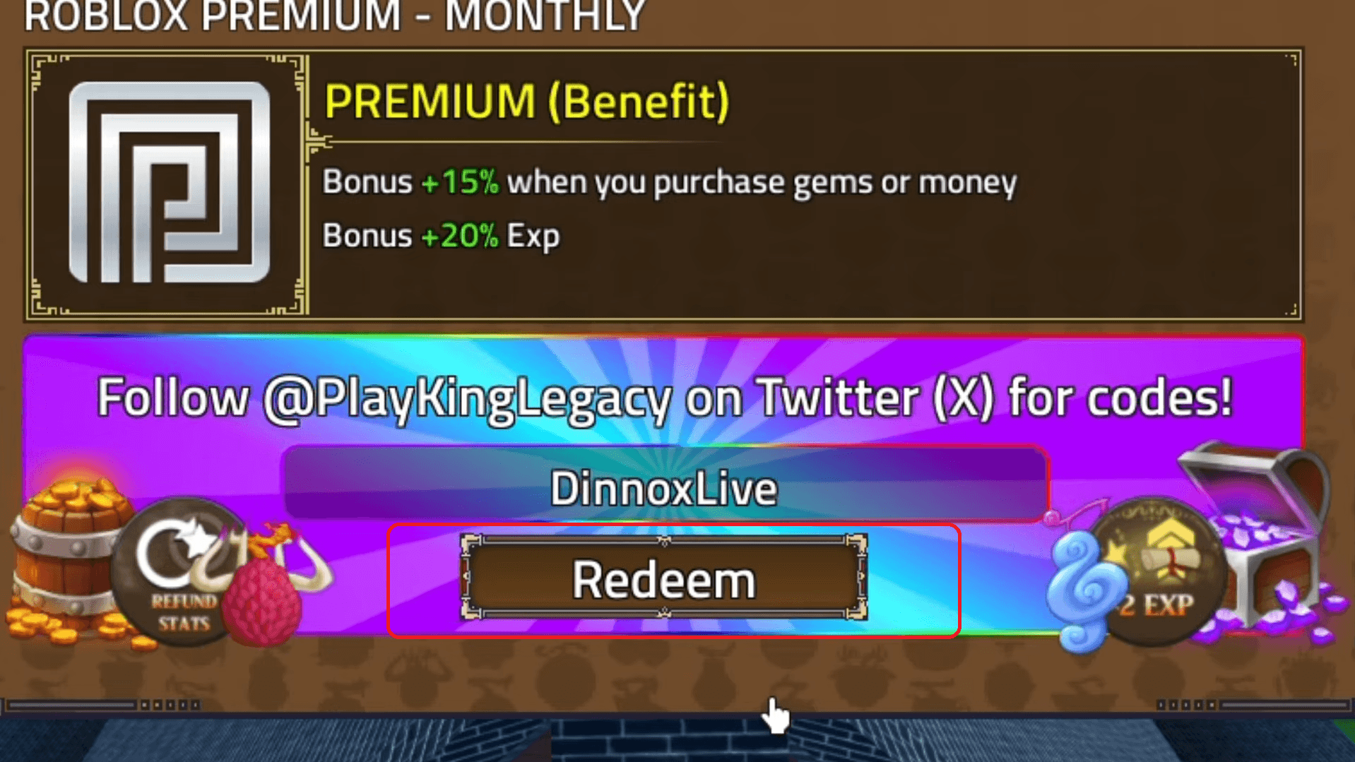 Appuyez sur Réclamer – récompense immédiate ! Vérifiez votre inventaire pour beli/gems/stats.