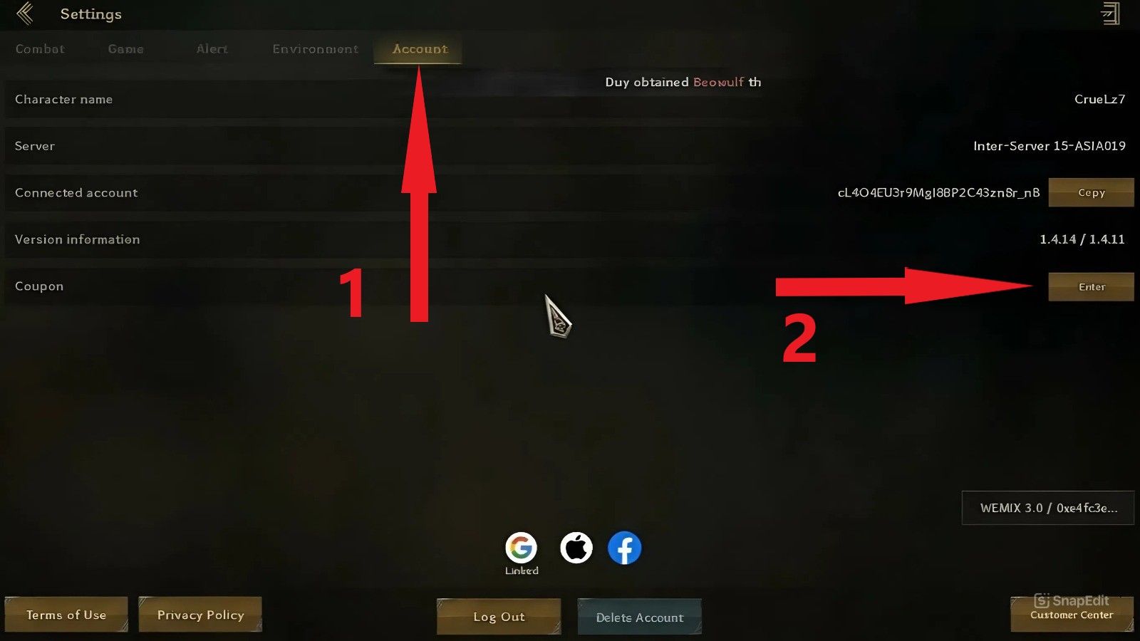 Step 3: Choose Account>Enter