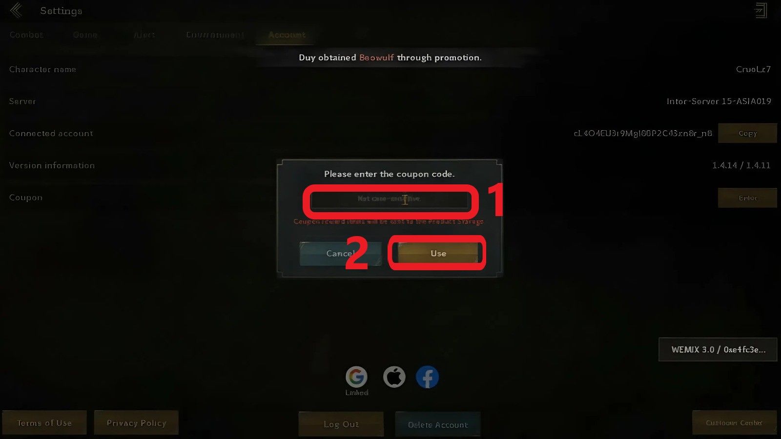 Step 4: Copy code from table and paste into box>press Use