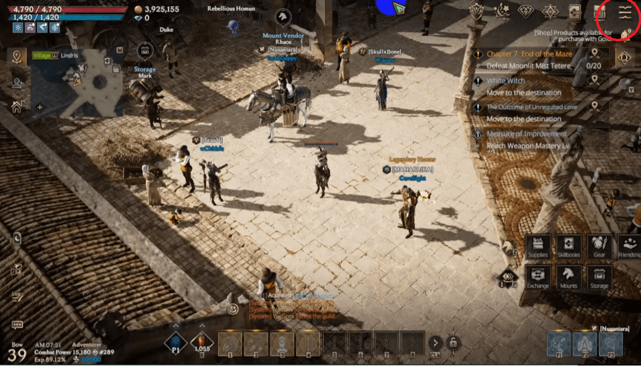 Abrir LORDNINE: Infinite Class → Toque no menu de três linhas no canto superior direito.