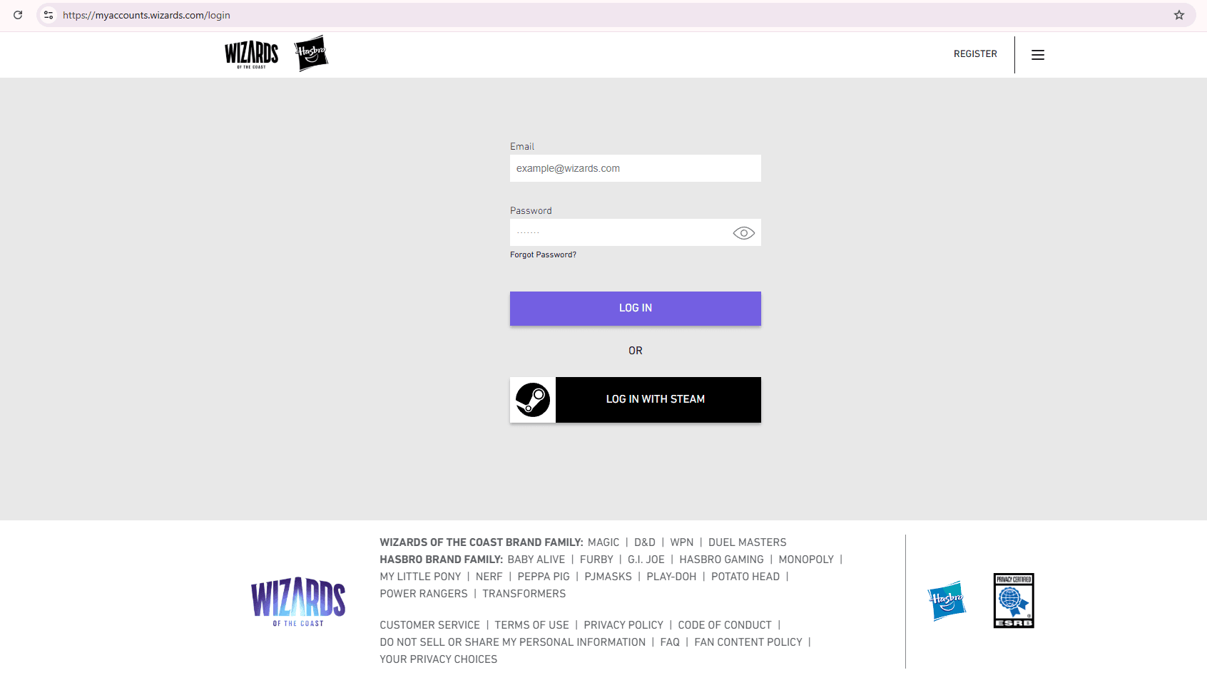 Access myaccounts.wizards.com via browser.