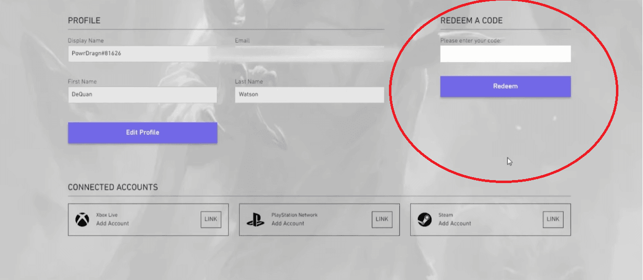 Enter code into Redeem a Code box → Redeem.