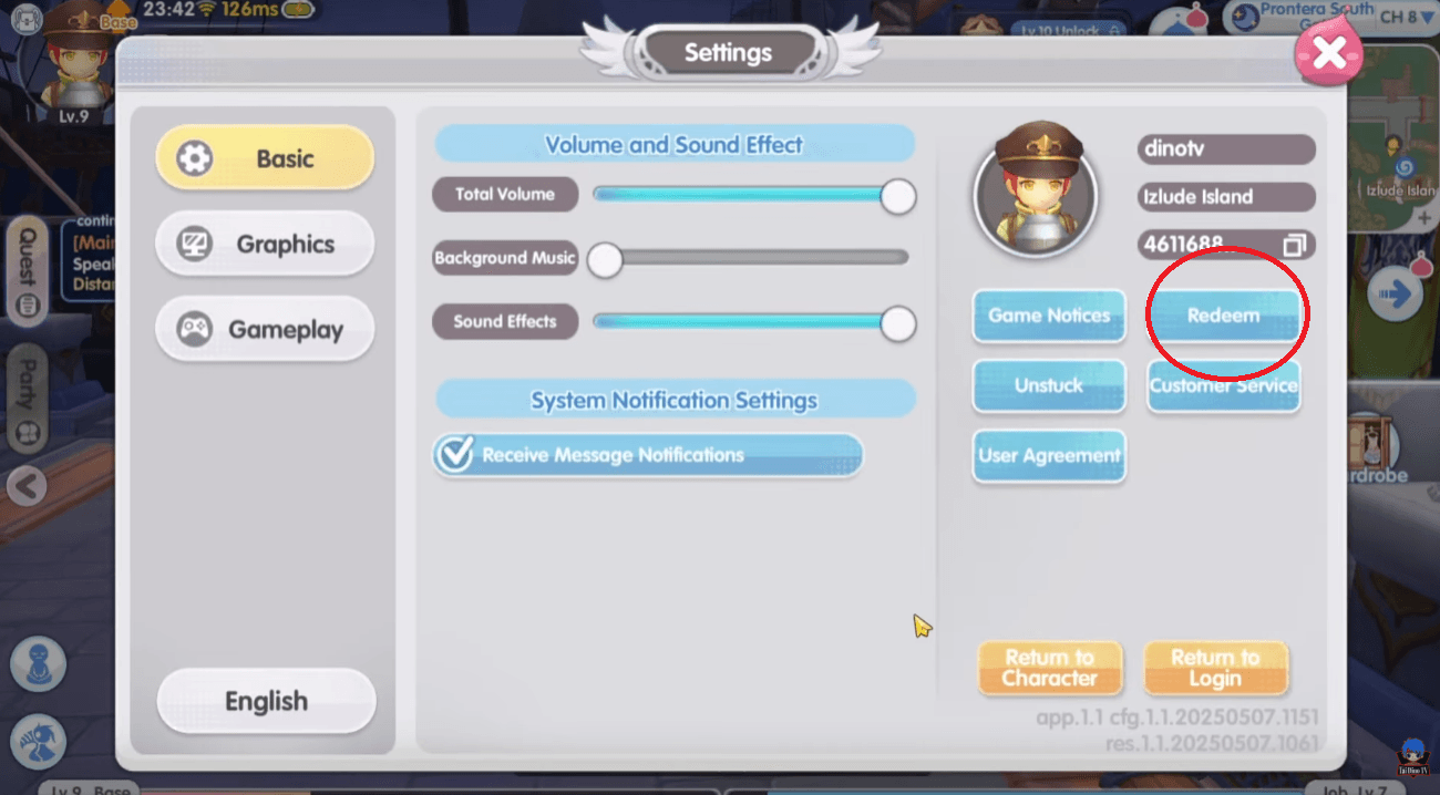 Find Redeem or Gift Code button in Basic tab.