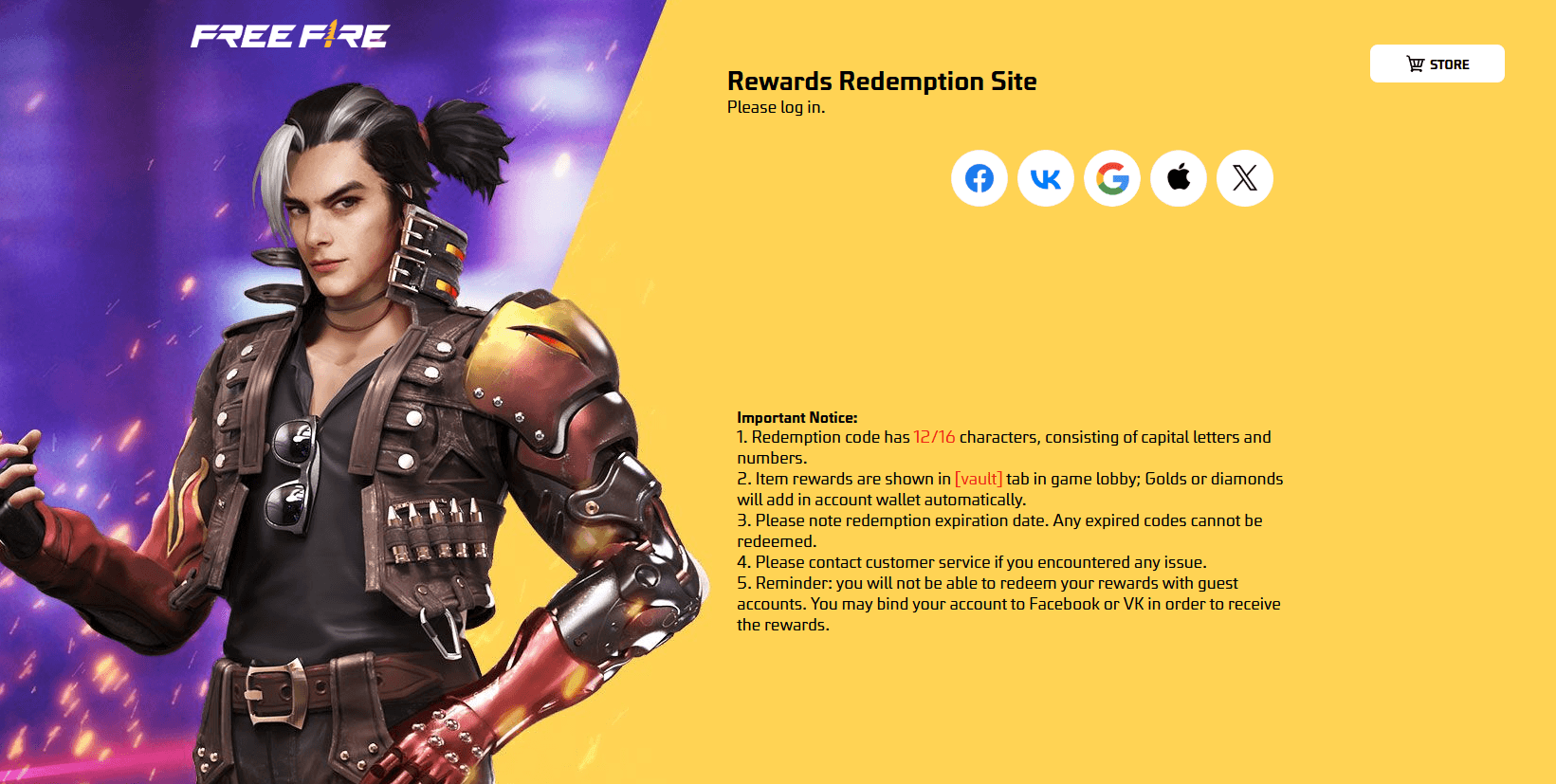 공식 교환 페이지 방문: https://reward.ff.garena.com.