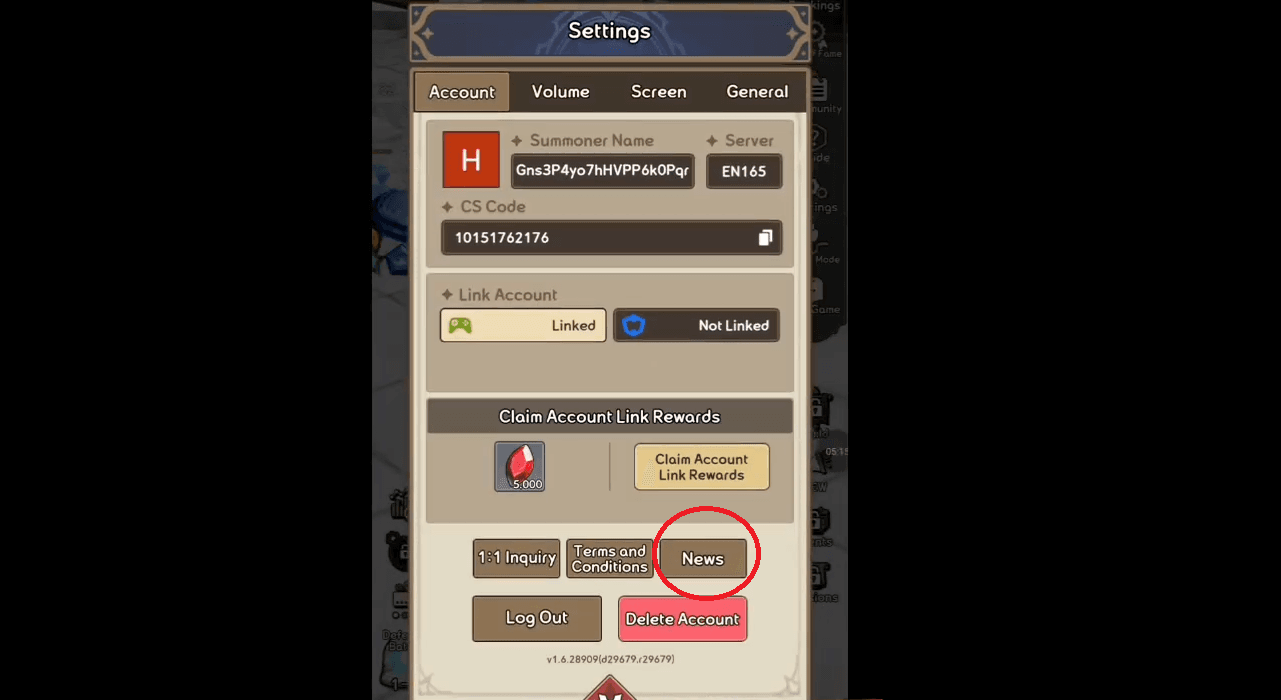 Select News (above Delete Account).