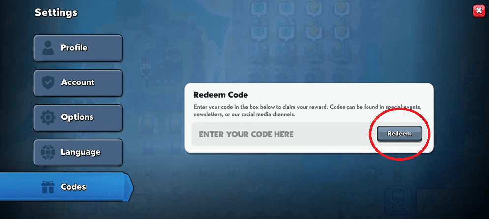 Pega código de la tabla > Canjear para confirmar.