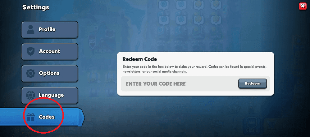 Selecciona pestaña Códigos (aparece después del nivel 5).