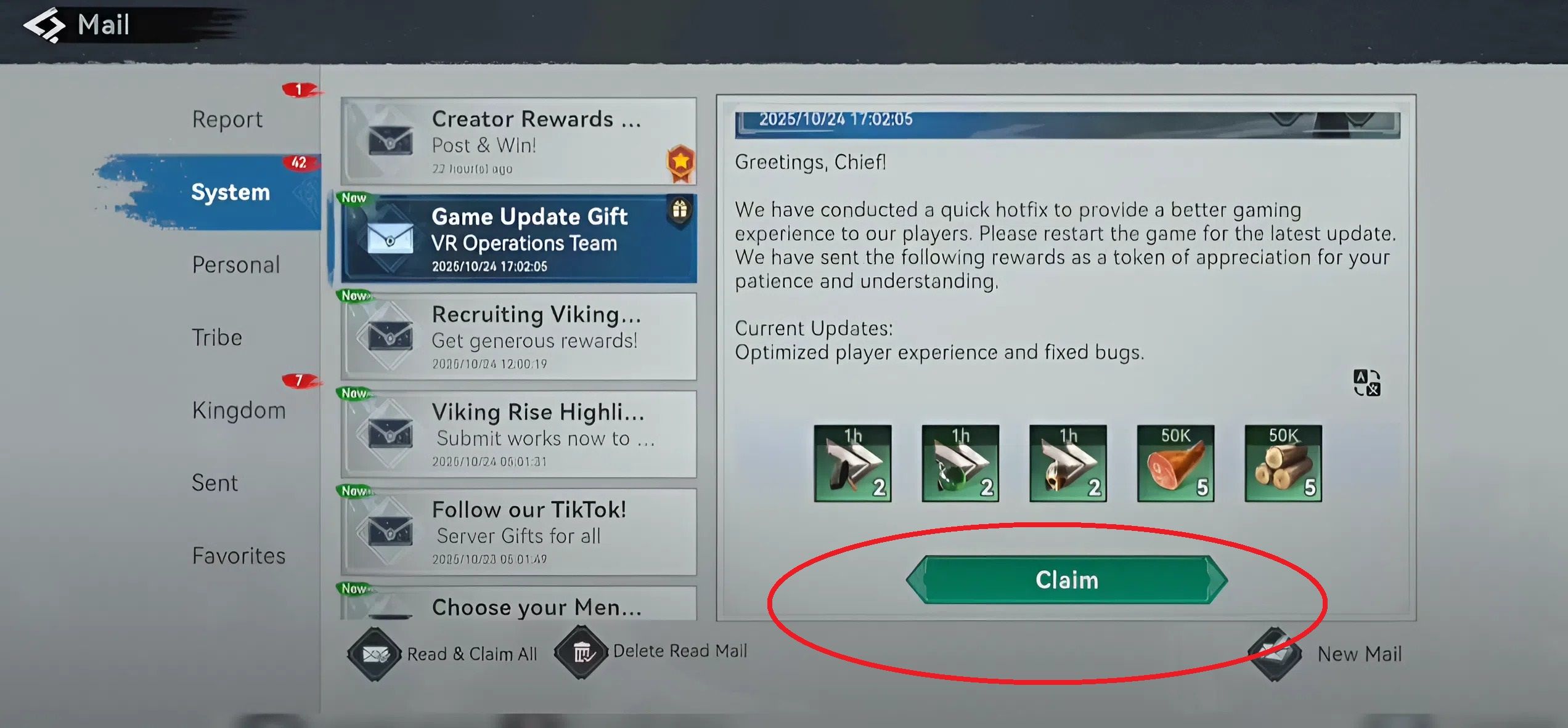 Check in-game mail to receive rewards immediately.