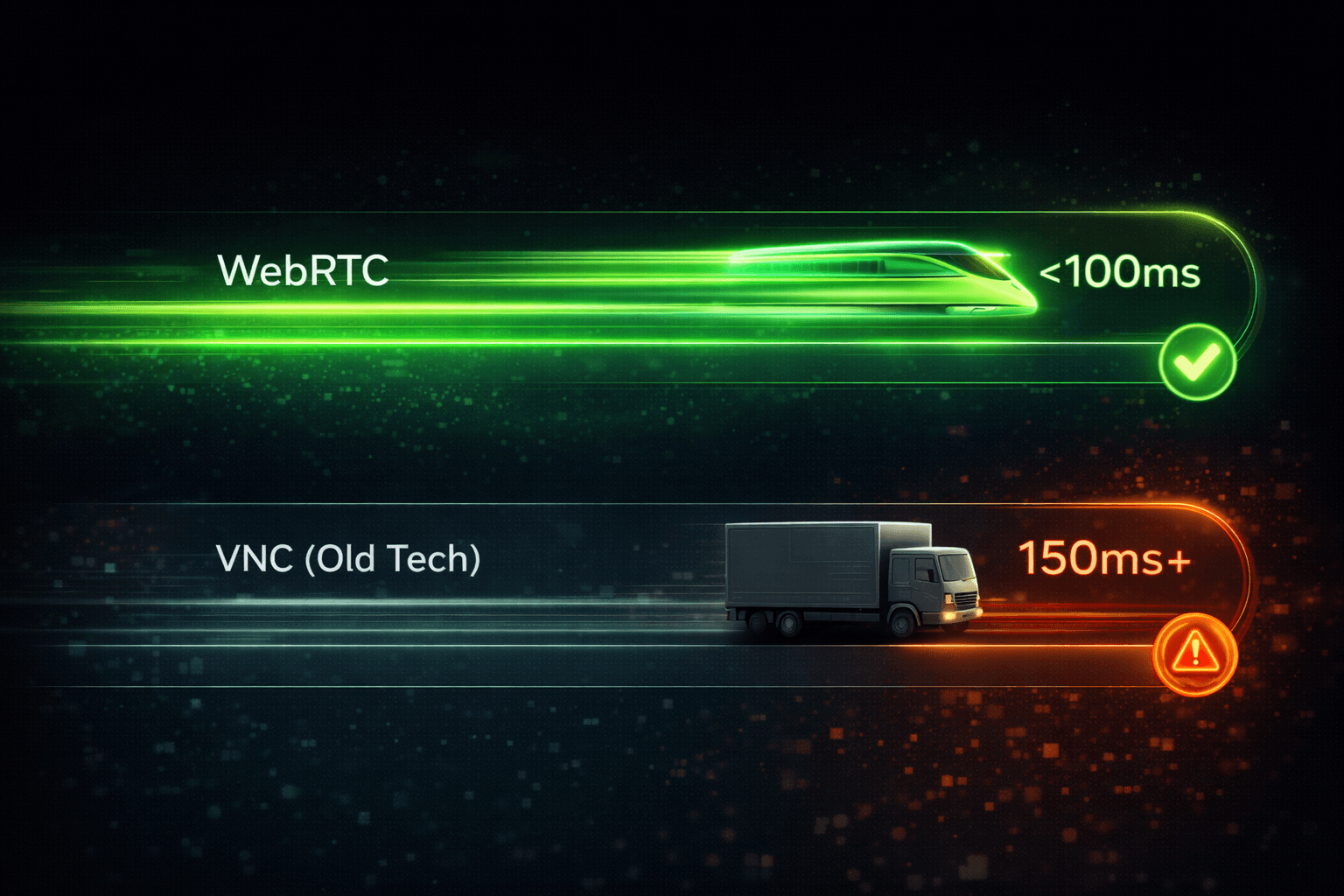 WebRTC Latency Comparison Chart showing sub-100ms for XCloudPhone vs 150ms+ for VNC