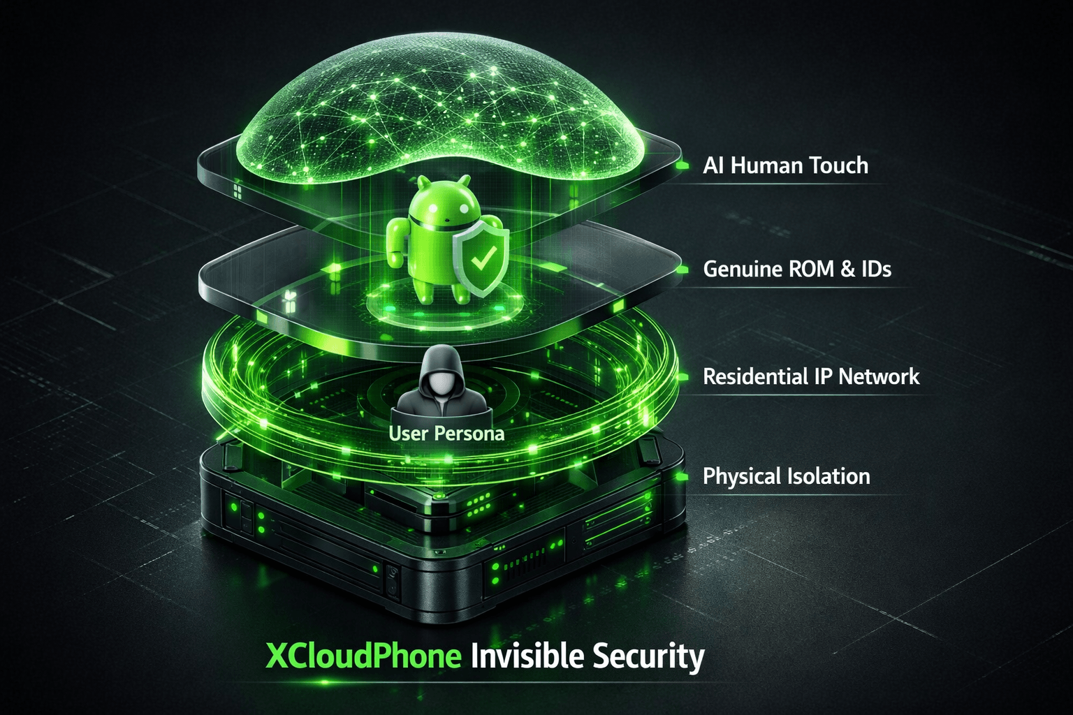XCloudPhone Invisible Security Stack: Network, Hardware, OS, AI